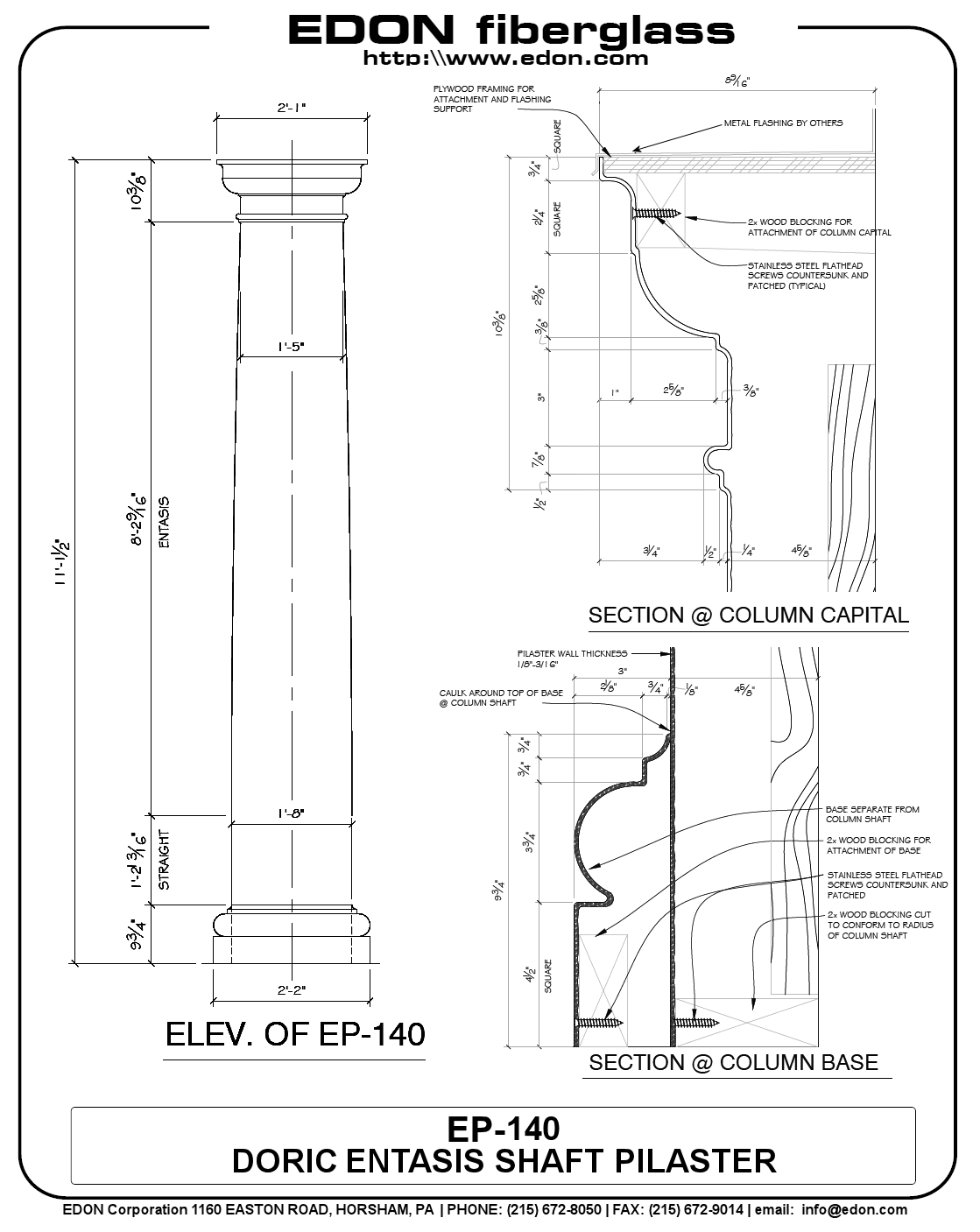 EP140 Architectural Fiberglass (FRP) Doric Entasis Shaft Pilaster